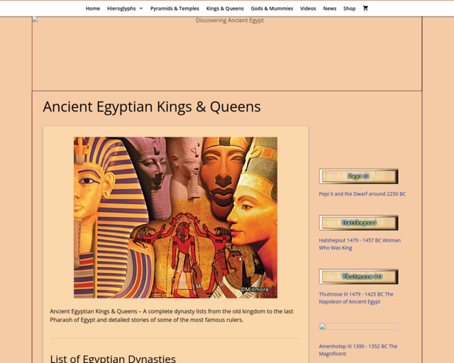 Screenshot of the Ancient Egyptian Kings & Queens website