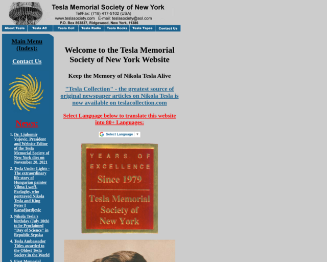 Screenshot of the Tesla Society of New York website