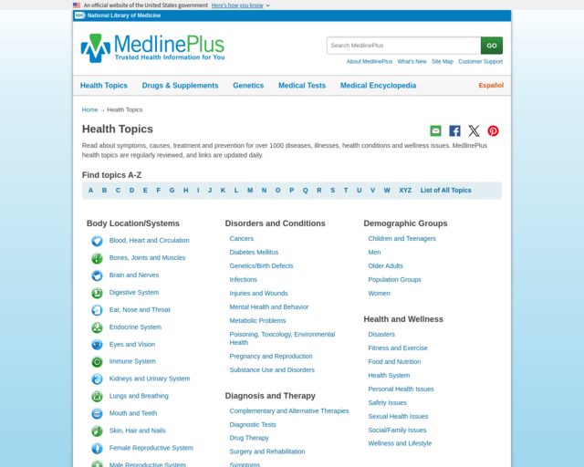 Screenshot of the Medline Plus website