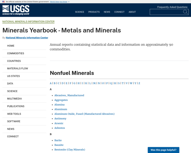 Screenshot of the US Geological Survey - Mineral Yearbook website