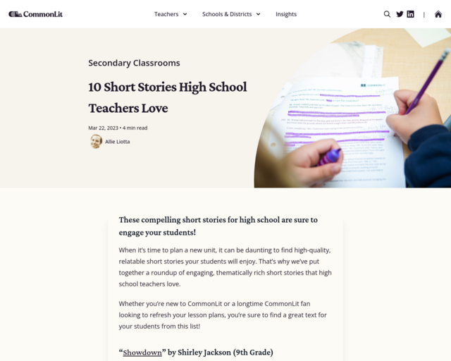 Screenshot of the Common Lit - Short Stories that HS Teachers Love website