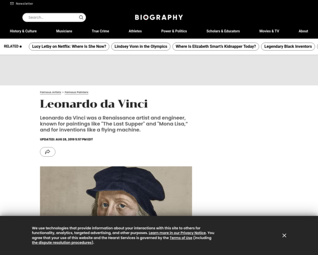 Screenshot of the Leonardo da Vinci on Biography.com website