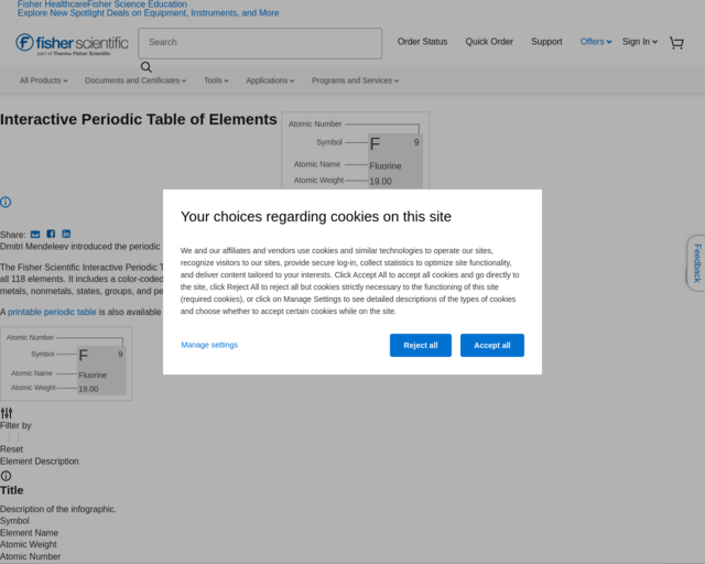 Screenshot of the Fisher Scientific - Interactive Periodic Table of Elements website