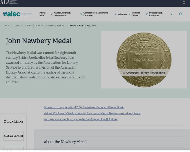 Screenshot of the Newbery Medal website