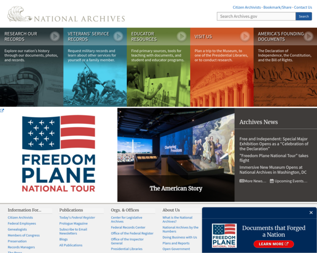 Screenshot of the National Archives website