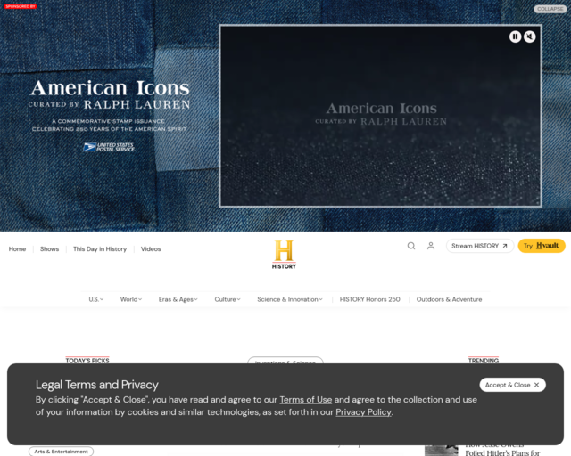 Screenshot of the History.com website