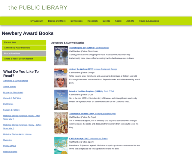 Screenshot of the Newbery Books by Topic website