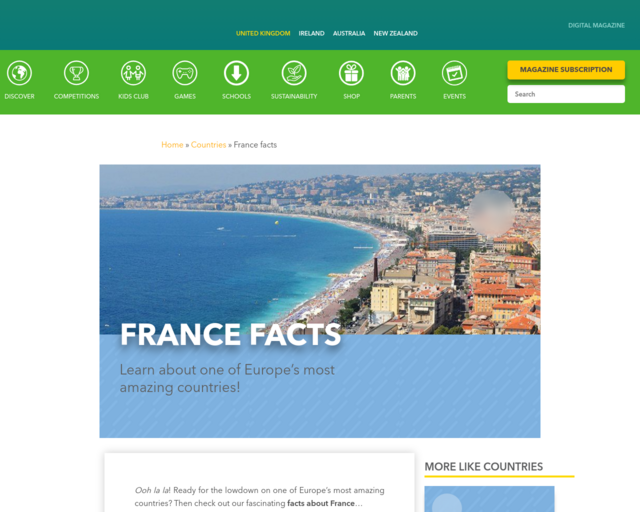 Screenshot of the France Facts - National Geographic website