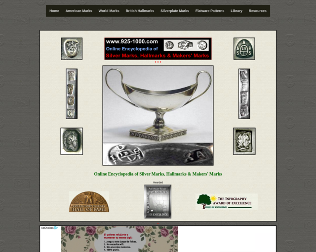 Screenshot of the Silver Marks, Hallmarks, and Makers' Marks website