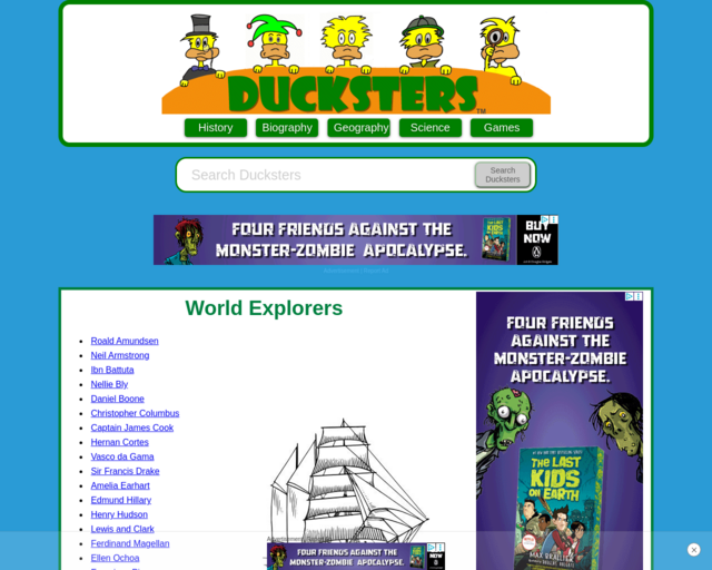 Screenshot of the Ducksters Explorers website