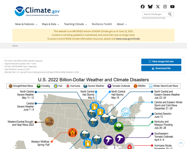 Screenshot of the Natural Disasters in America 2022 website