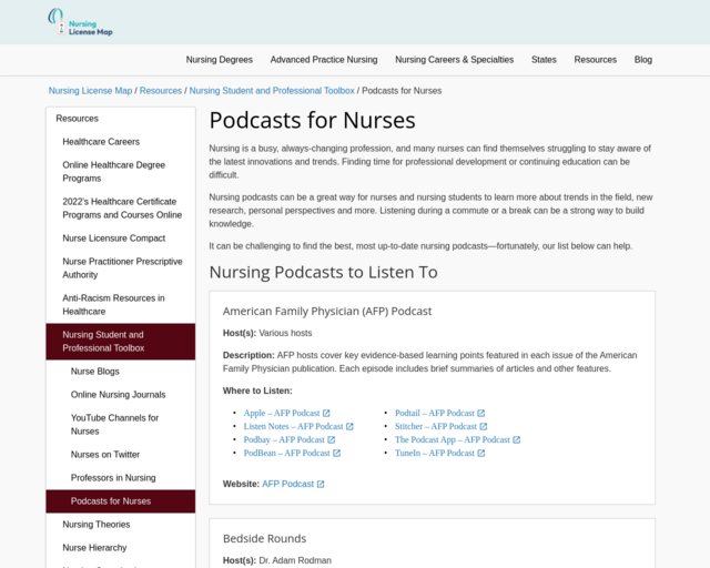 Screenshot of the Podcasts for Nurses website