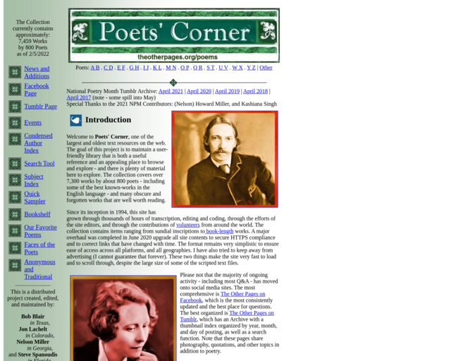 Screenshot of the Poet's Corner website