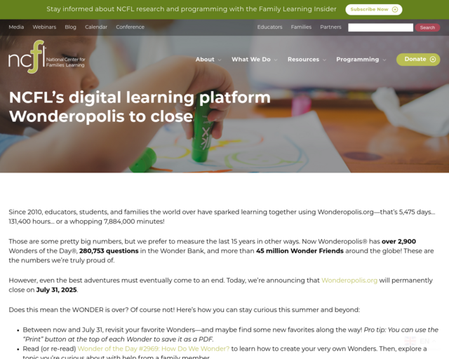 Screenshot of the Wonderopolis website