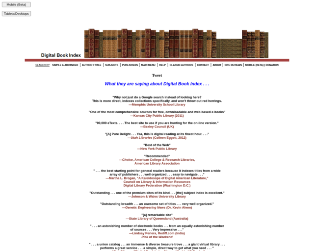Screenshot of the Digital Book Index website