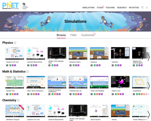 Screenshot of the PhET Interactive Simulations website