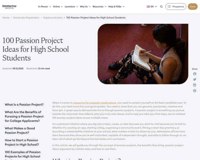 Screenshot of the Immerse Education - 100 Passion Project Ideas for HS students website