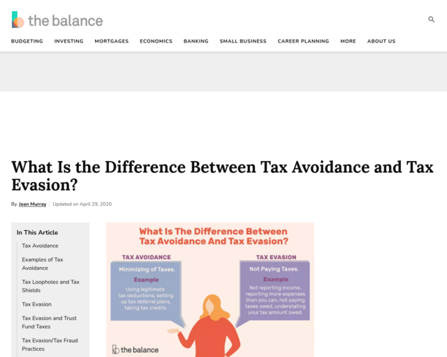 Screenshot of the Tax Avoidance and Evasion website