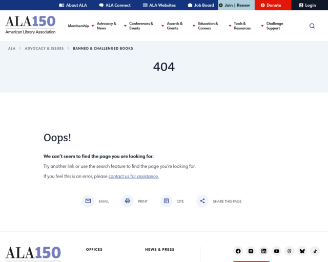 Screenshot of the American Library Association: Frequently Challenged Books website