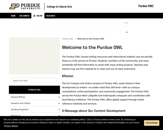Screenshot of the Purdue Online Writing Lab website