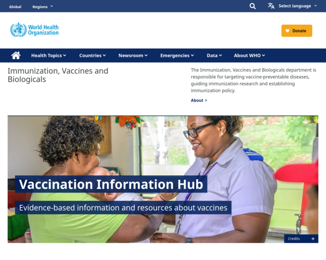Screenshot of the WHO: Immunization, Vaccines and Biologicals website