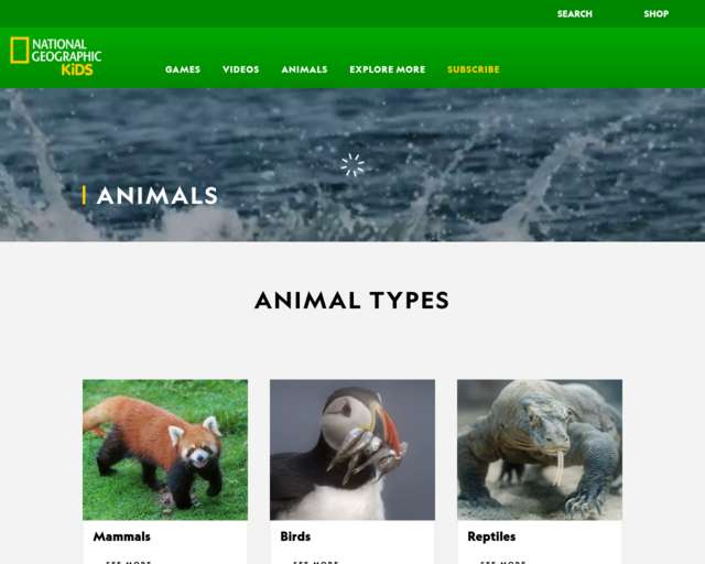 Screenshot of the National Geographic for Kids Animals website