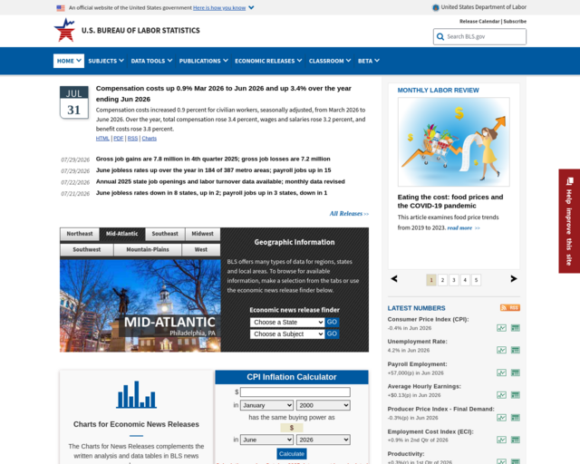 Screenshot of the Bureau of Labor Statistics website