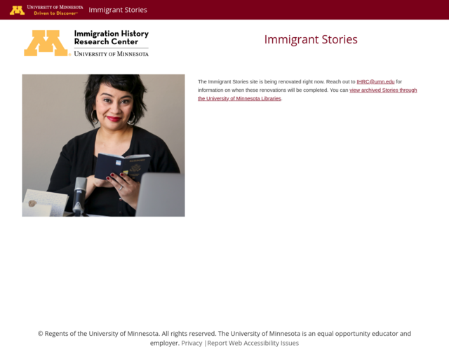 Screenshot of the University of Minnesota - Immigrant Stories website