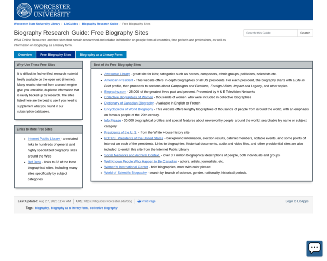 Screenshot of the Worcester State University Biography Sites website