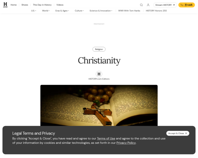 Screenshot of the History.Com website