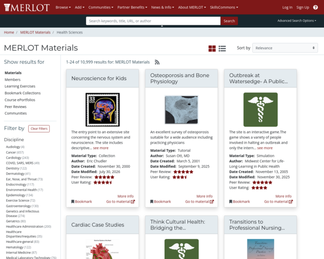 Screenshot of the Merlot Open Resources for Health Sciences website