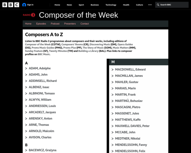 Screenshot of the BBC Radio: Listen to broadcasts about your composer website