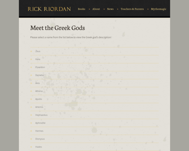 Screenshot of the Rick Riordan's Website on Greek Gods and Goddesses website