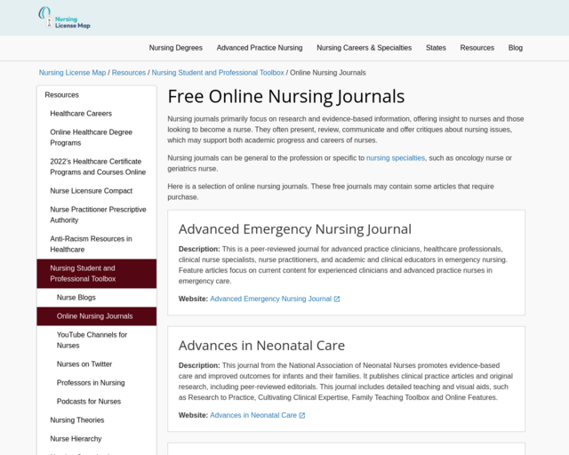 Screenshot of the Free Online Nursing Journals website