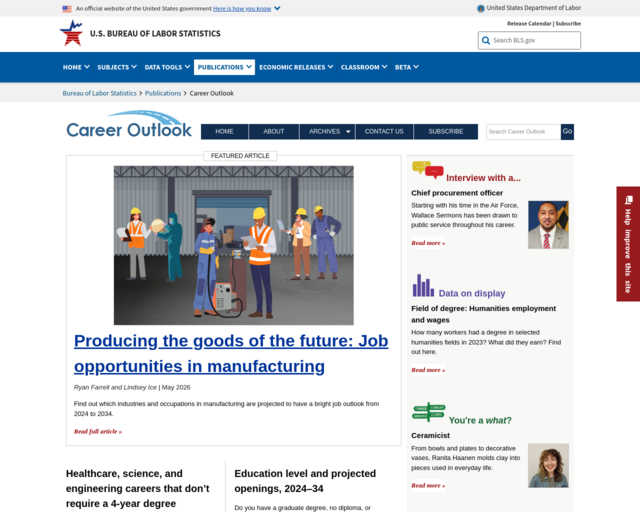 Screenshot of the U.S. Bureau of Labor Statistics Career Outlook website