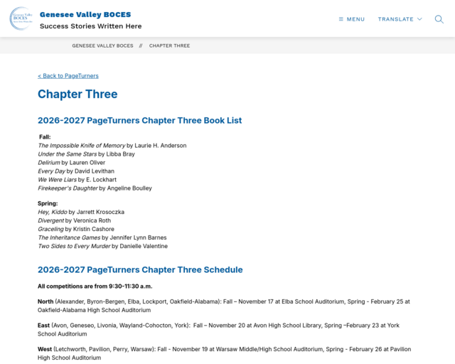 Screenshot of the PageTurners: High School website